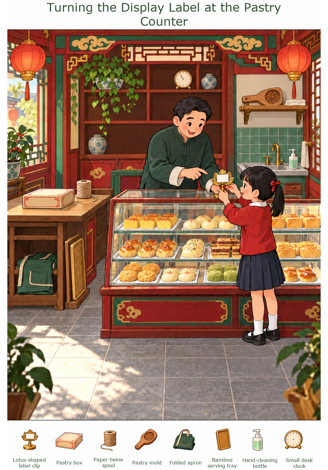 Turning the Display Label at the Pastry Counter – full-color hidden picture puzzle with 8 objects to find