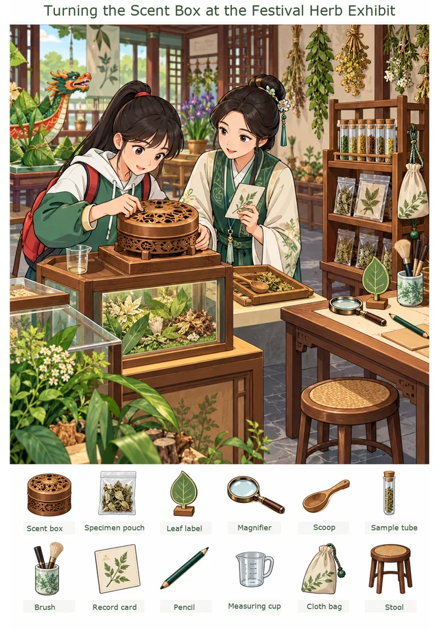 Turning the Scent Box at the Festival Herb Exhibit colorful hidden picture puzzle preview
