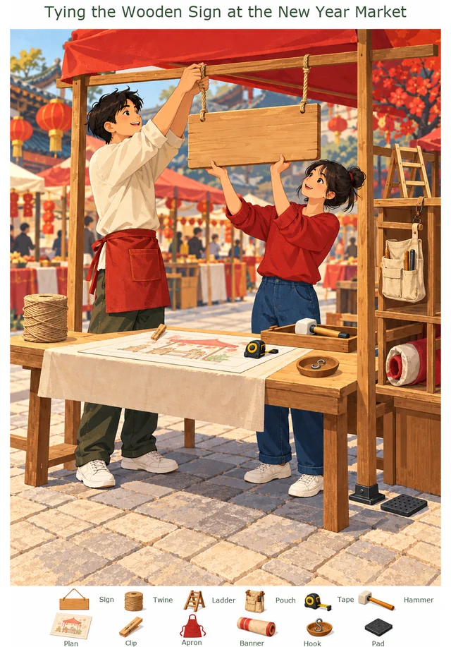 Tying the Wooden Sign at the New Year Market colorful hidden picture puzzle preview