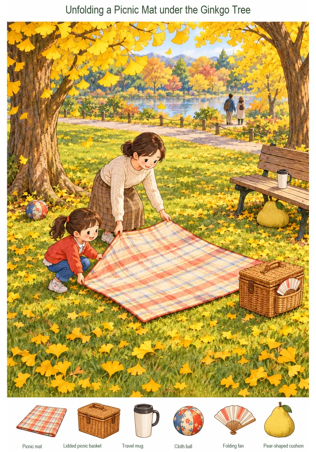 Unfolding a Picnic Mat under the Ginkgo Tree colorful hidden picture puzzle preview