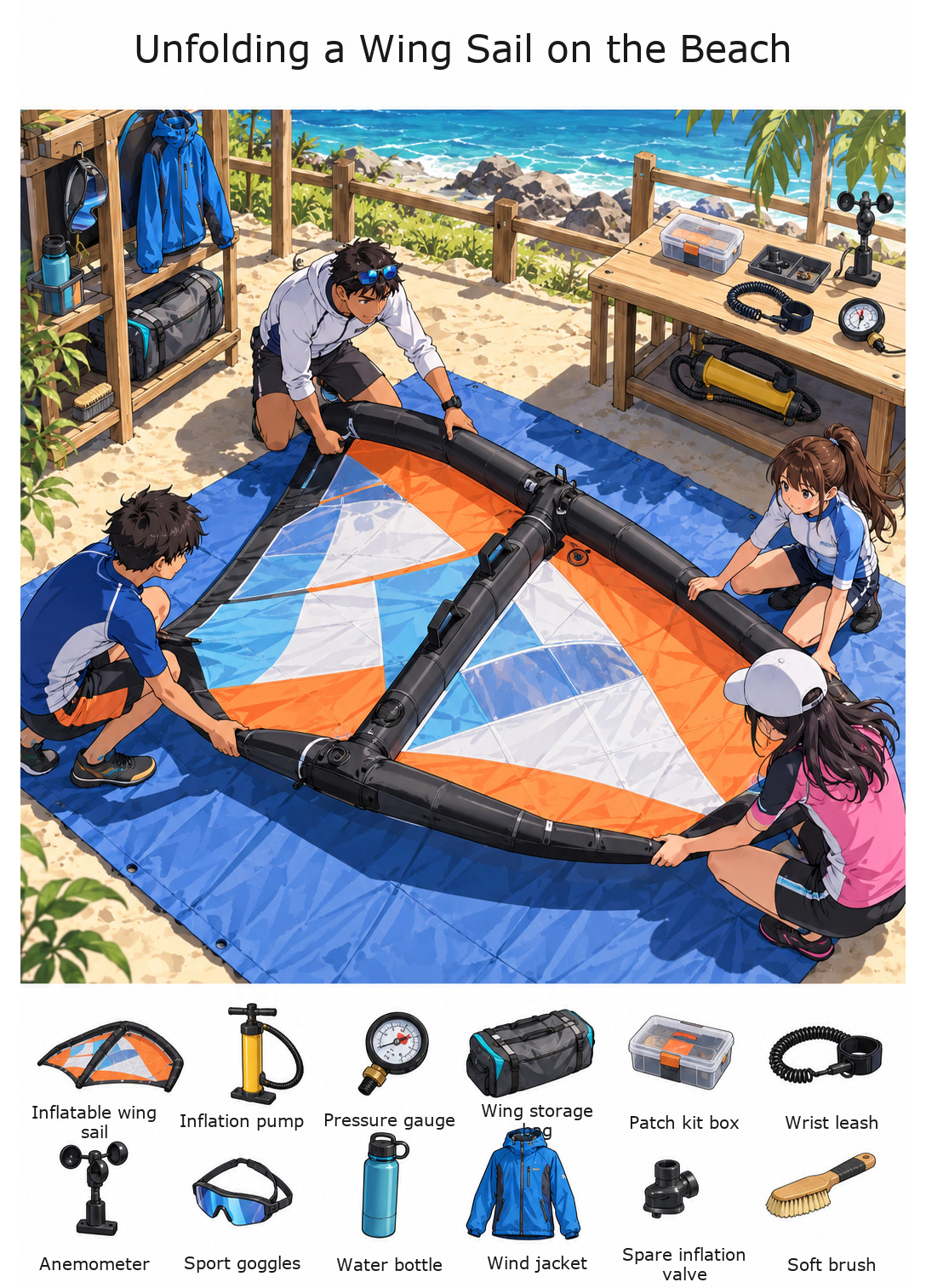 Unfolding a Wing Sail on the Beach – full-color hidden picture puzzle with 12 objects to find