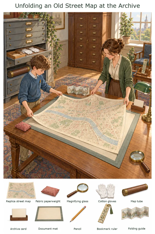 Unfolding an Old Street Map at the Archive colorful hidden picture puzzle preview