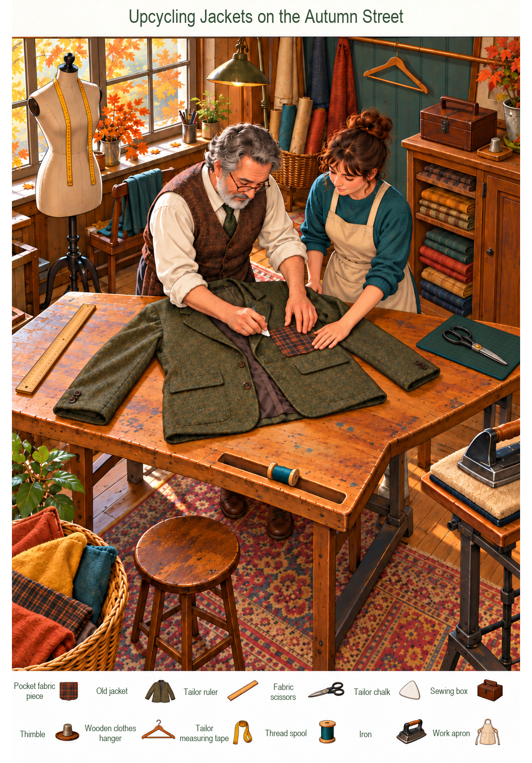 Upcycling Jackets on the Autumn Street – full-color hidden picture puzzle with 12 objects to find