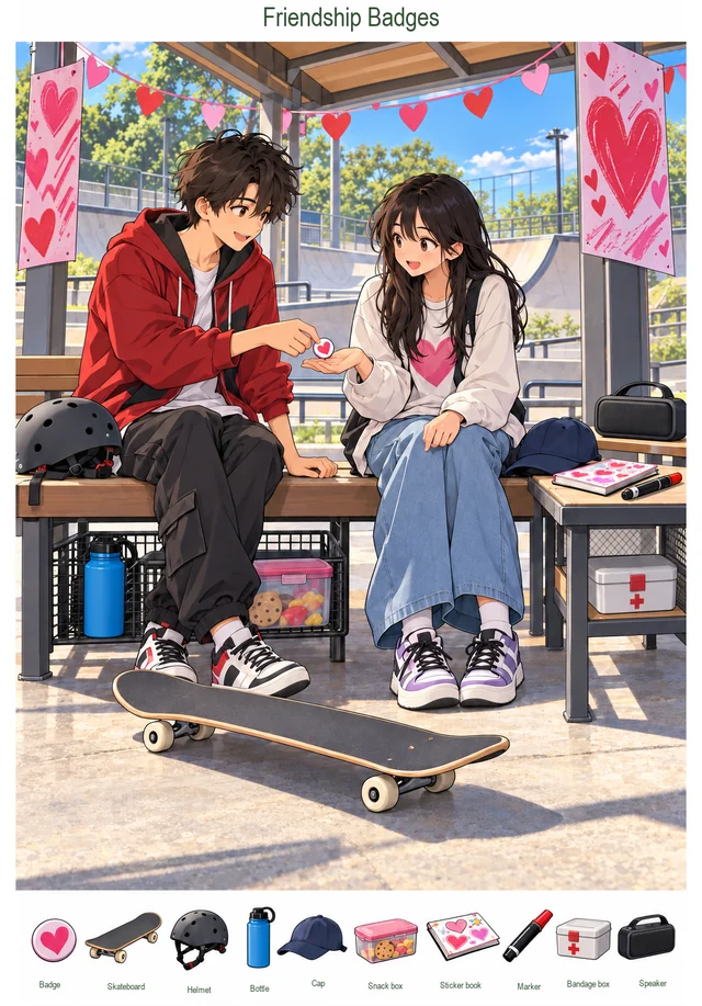 Valentine Badges at the Skate Park hidden picture preview