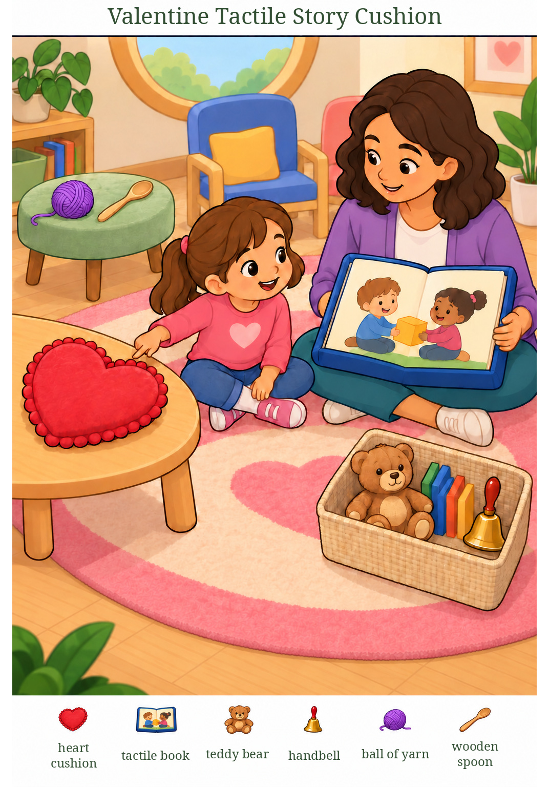 Valentine Tactile Story Cushion – full-color hidden picture puzzle with 6 objects to find
