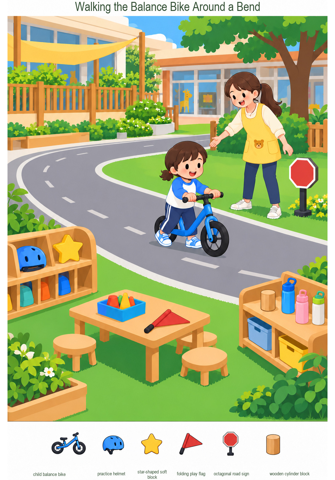 Walking the Balance Bike Around a Bend – full-color hidden picture puzzle with 6 objects to find