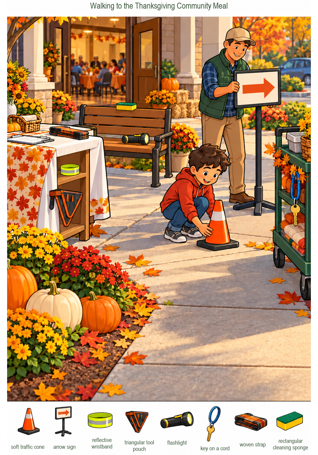 Walking to the Thanksgiving Community Meal – full-color hidden picture puzzle with 8 objects to find