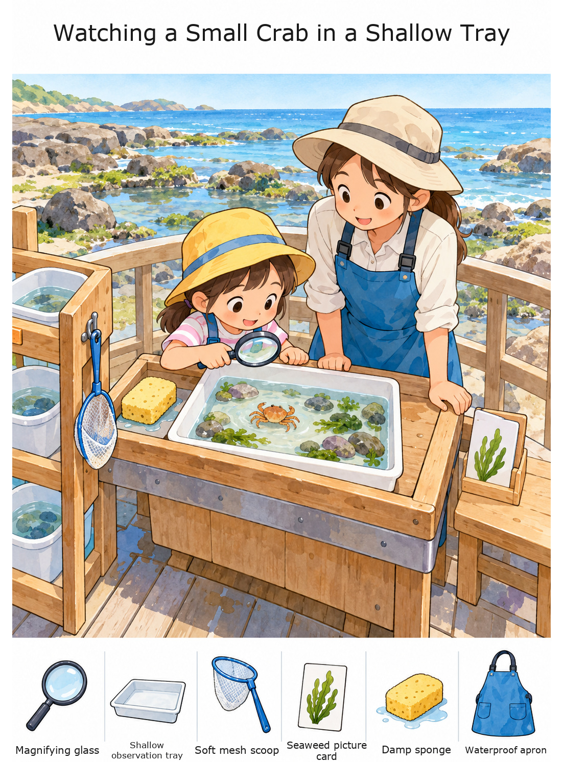 Watching a Small Crab in a Shallow Tray – full-color hidden picture puzzle with 6 objects to find
