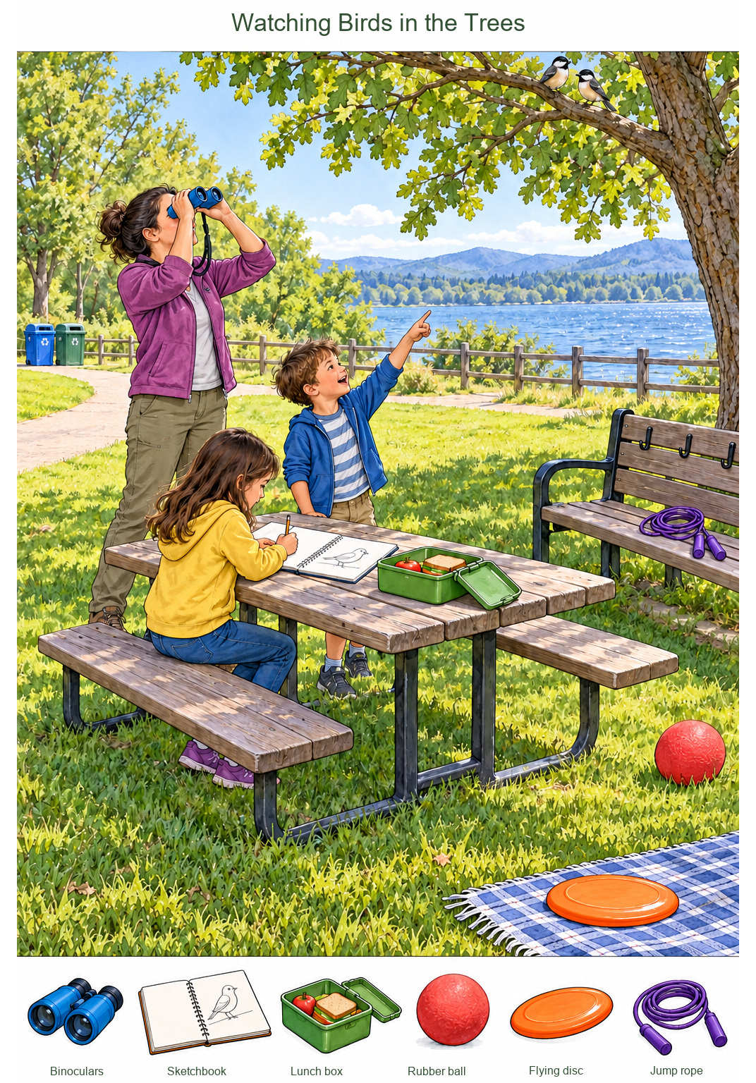 Watching Birds in the Trees – full-color hidden picture puzzle with 6 objects to find
