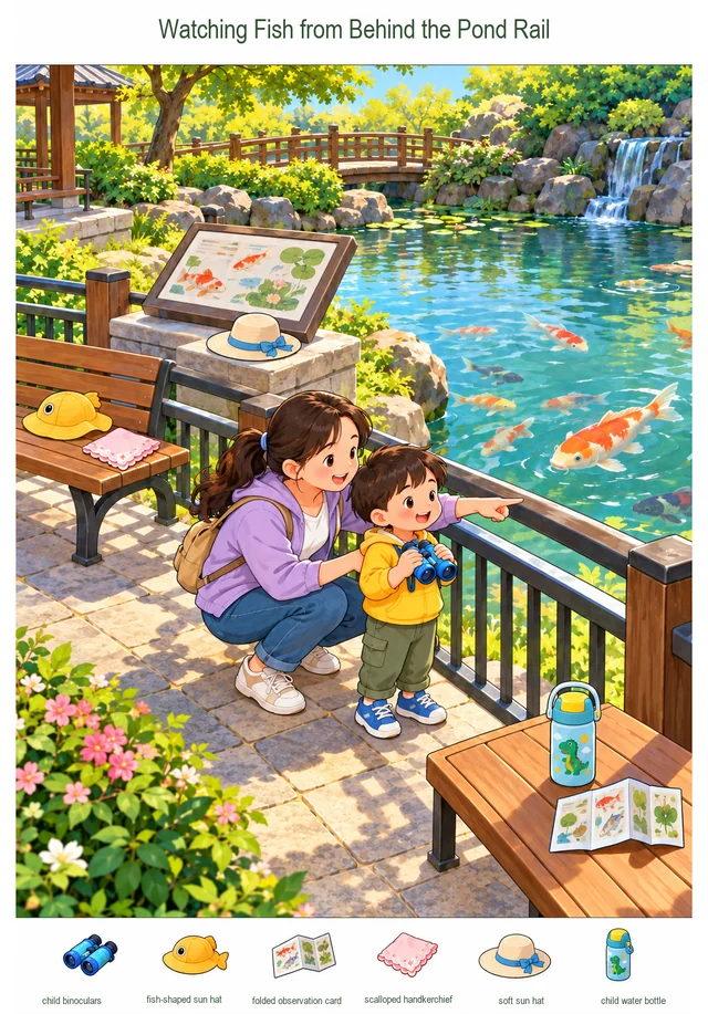 Watching Fish from Behind the Pond Rail colorful hidden picture puzzle preview