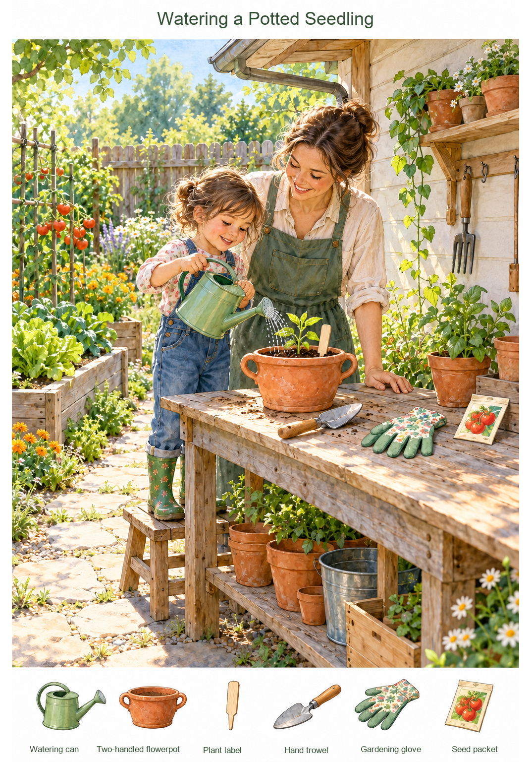 Watering a Potted Seedling – full-color hidden picture puzzle with 6 objects to find