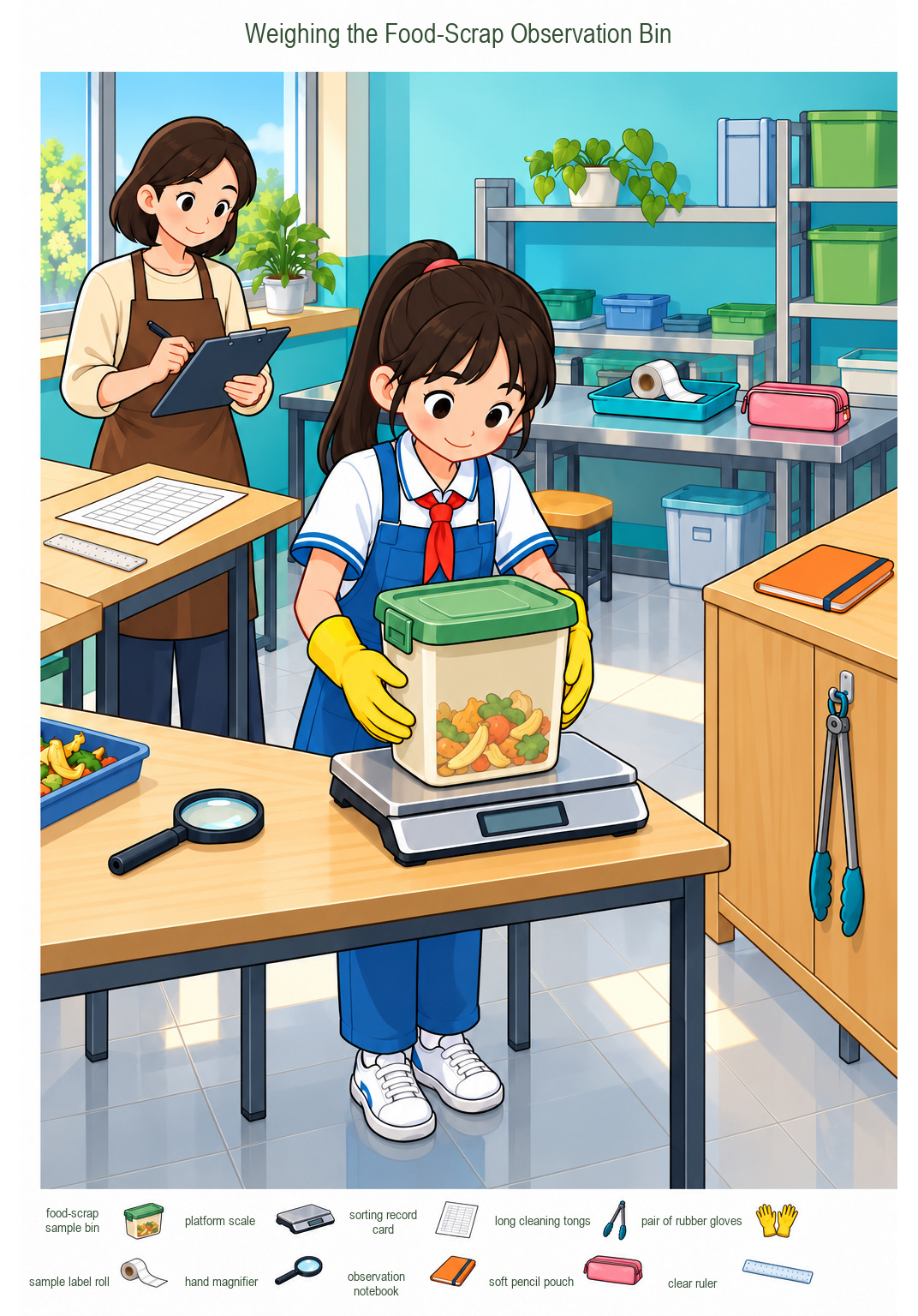Weighing the Food-Scrap Observation Bin – full-color hidden picture puzzle with 10 objects to find