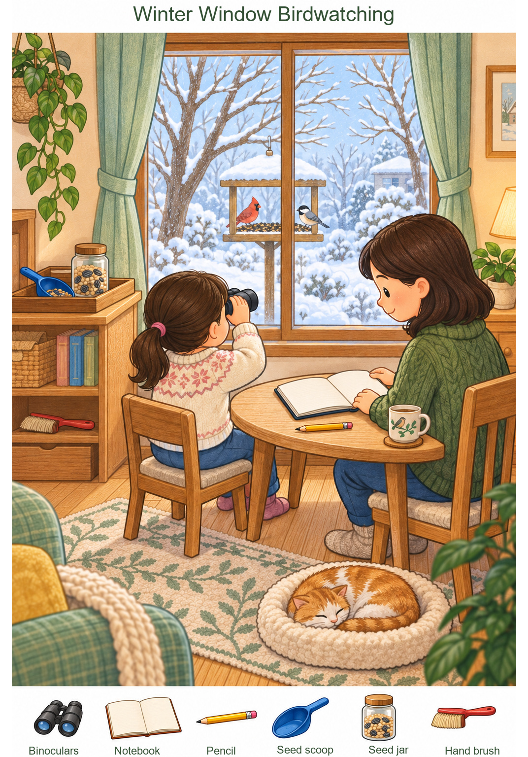 Winter Birdwatching from the Apartment Window – full-color hidden picture puzzle with 6 objects to find