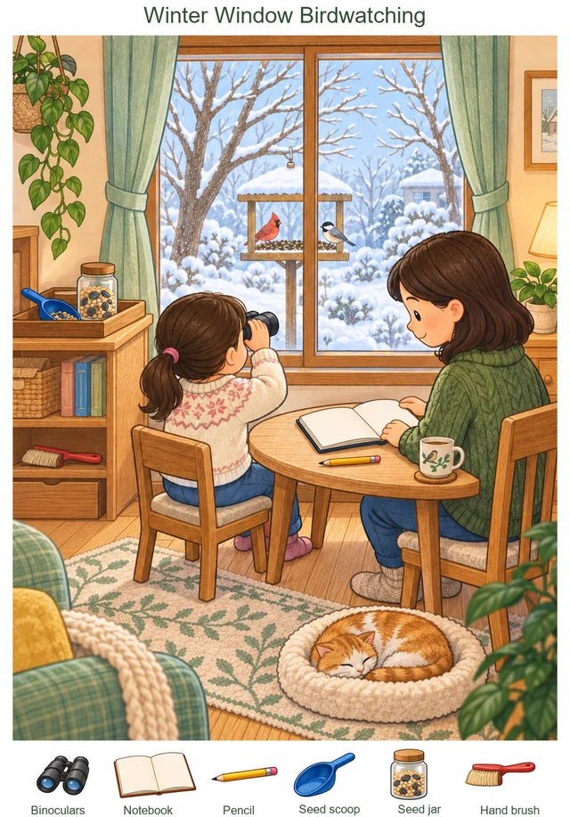 Winter Birdwatching from the Apartment Window colorful hidden picture puzzle preview