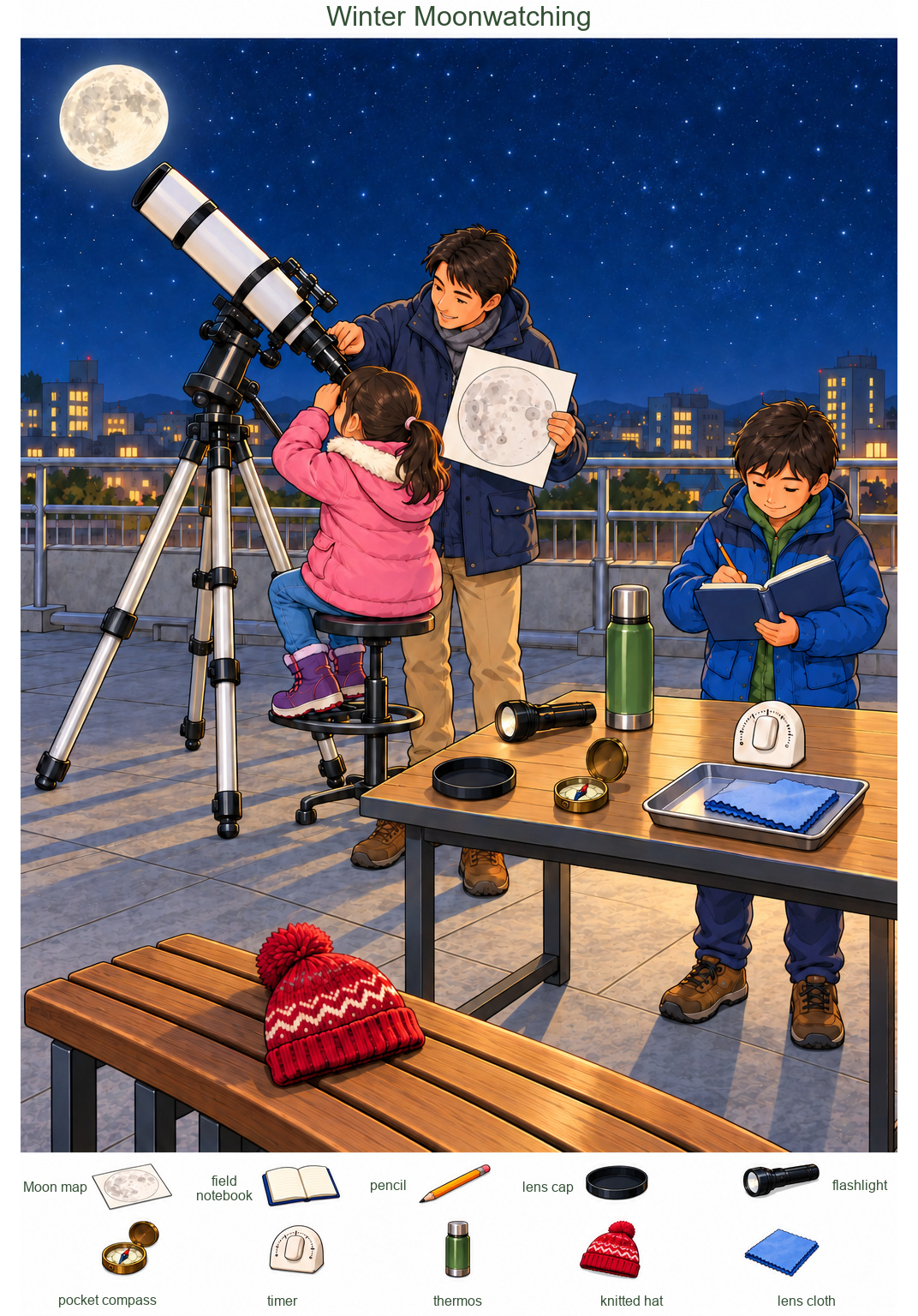 Winter Moonwatching at the Community Observatory – full-color hidden picture puzzle with 10 objects to find