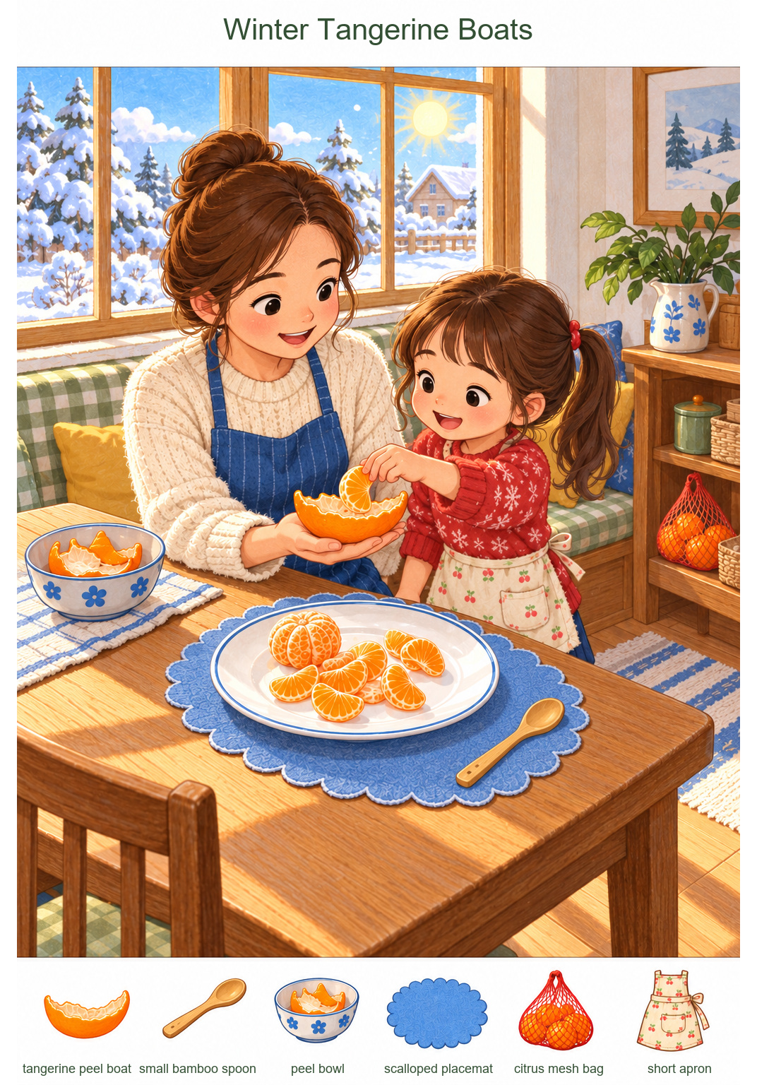 Winter Tangerine Boats – full-color hidden picture puzzle with 6 objects to find