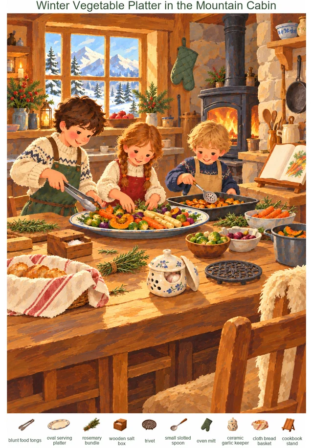Winter Vegetable Platter in the Mountain Cabin colorful hidden picture puzzle preview