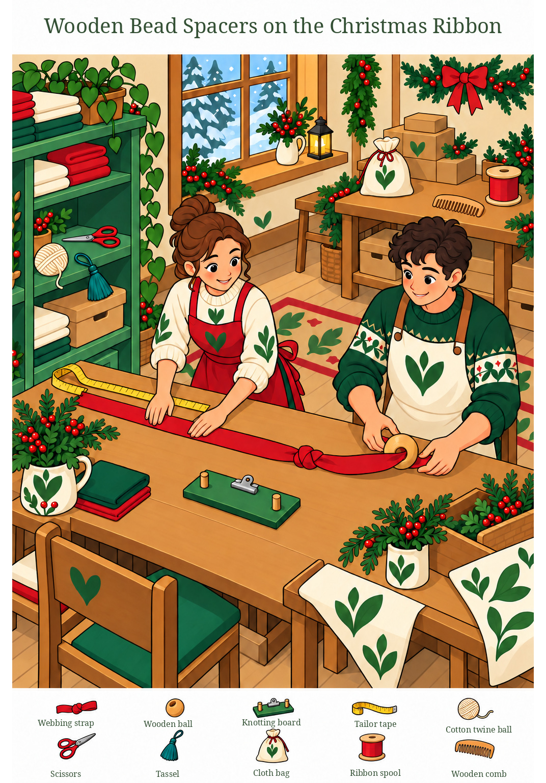 Wooden Bead Spacers on the Christmas Ribbon – full-color hidden picture puzzle with 10 objects to find