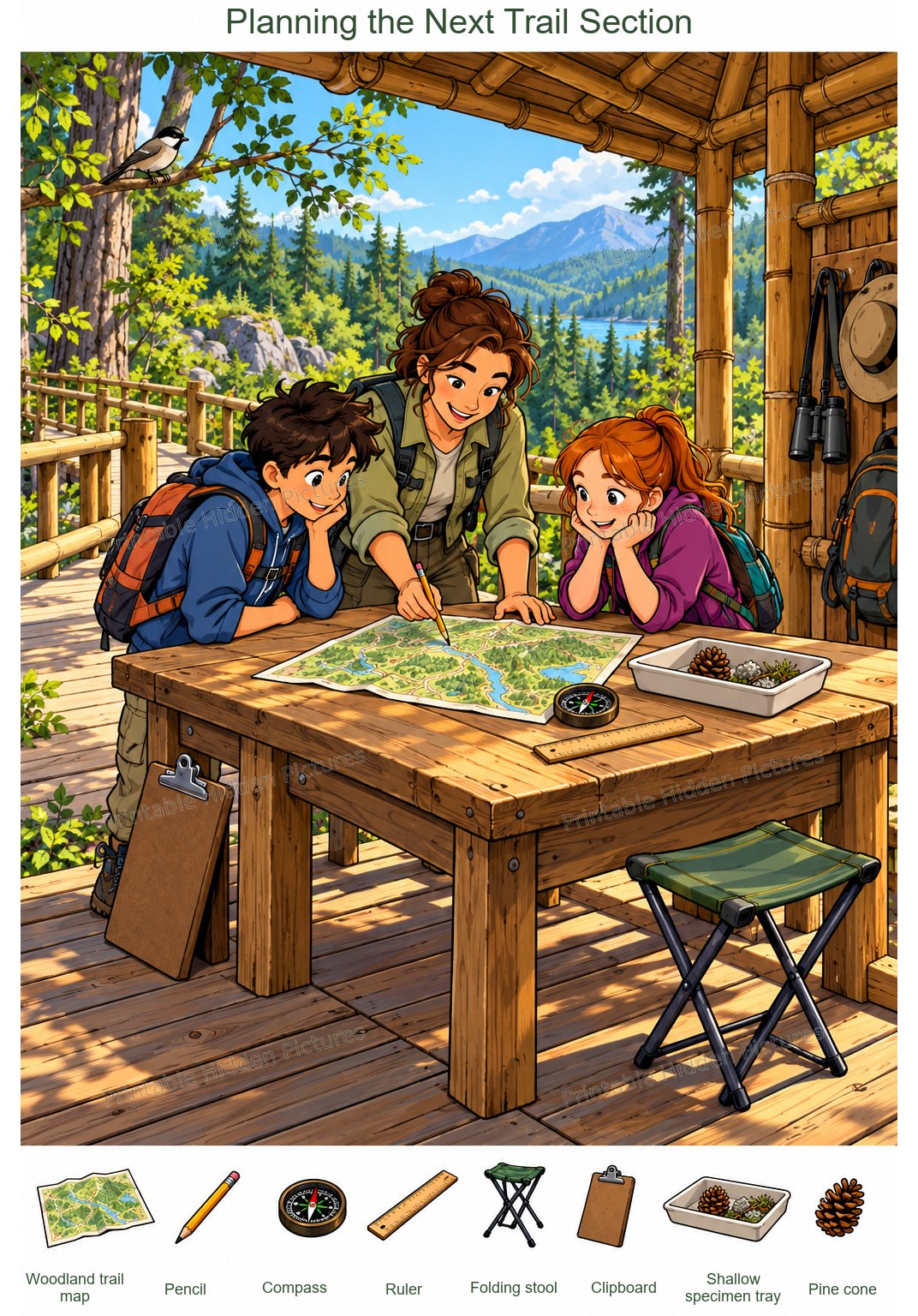 Planning the Next Trail Section – full-color hidden picture puzzle with 8 objects to find