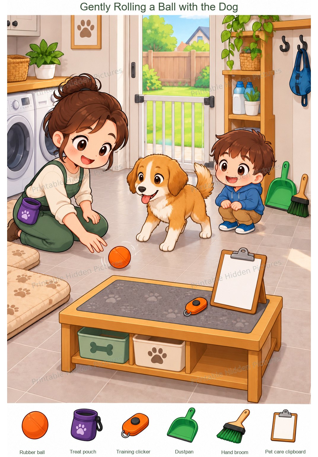 Gently Rolling a Ball with the Dog – full-color hidden picture puzzle with 6 objects to find